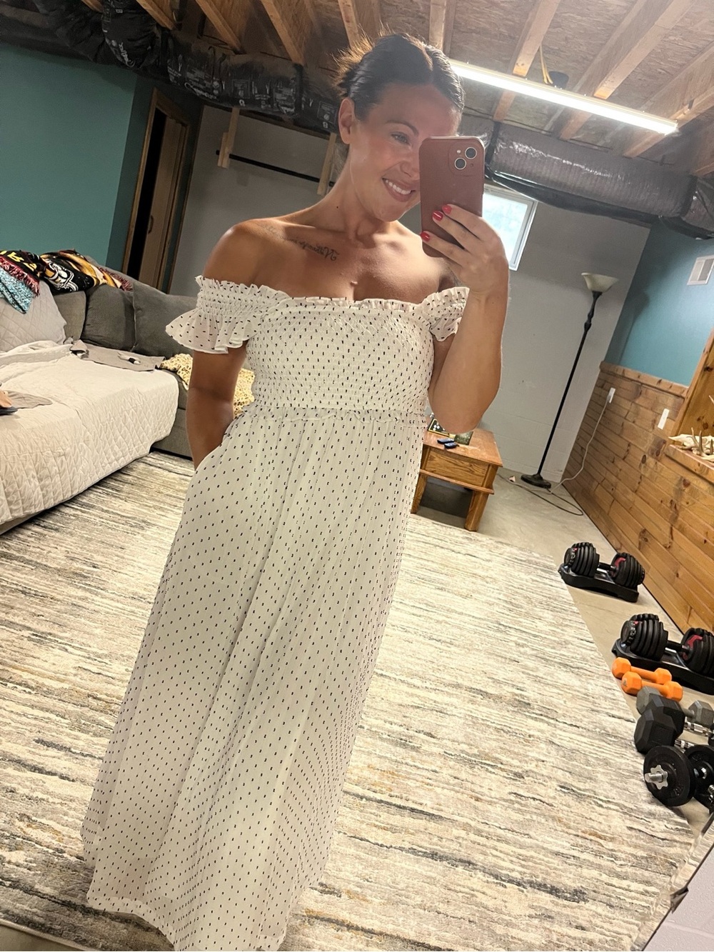 Motherhood White Off-Shoulder Polka Dot Maxi Dress - READ DESCRIPTION